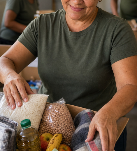 Voluntária adulta organizando alimentos e itens de cuidado para acolhimento