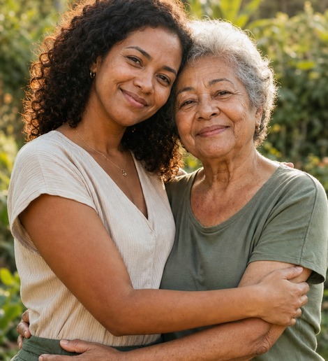 Duas mulheres adultas em um abraço de acolhimento e respeito