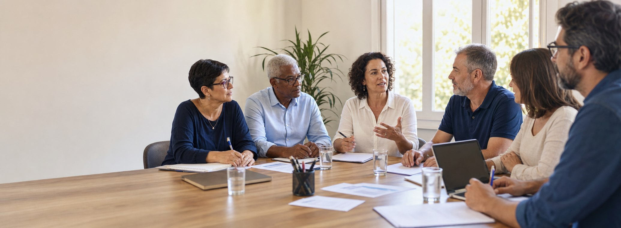 Membros adultos de uma diretoria reunidos para diálogo, planejamento e governança institucional