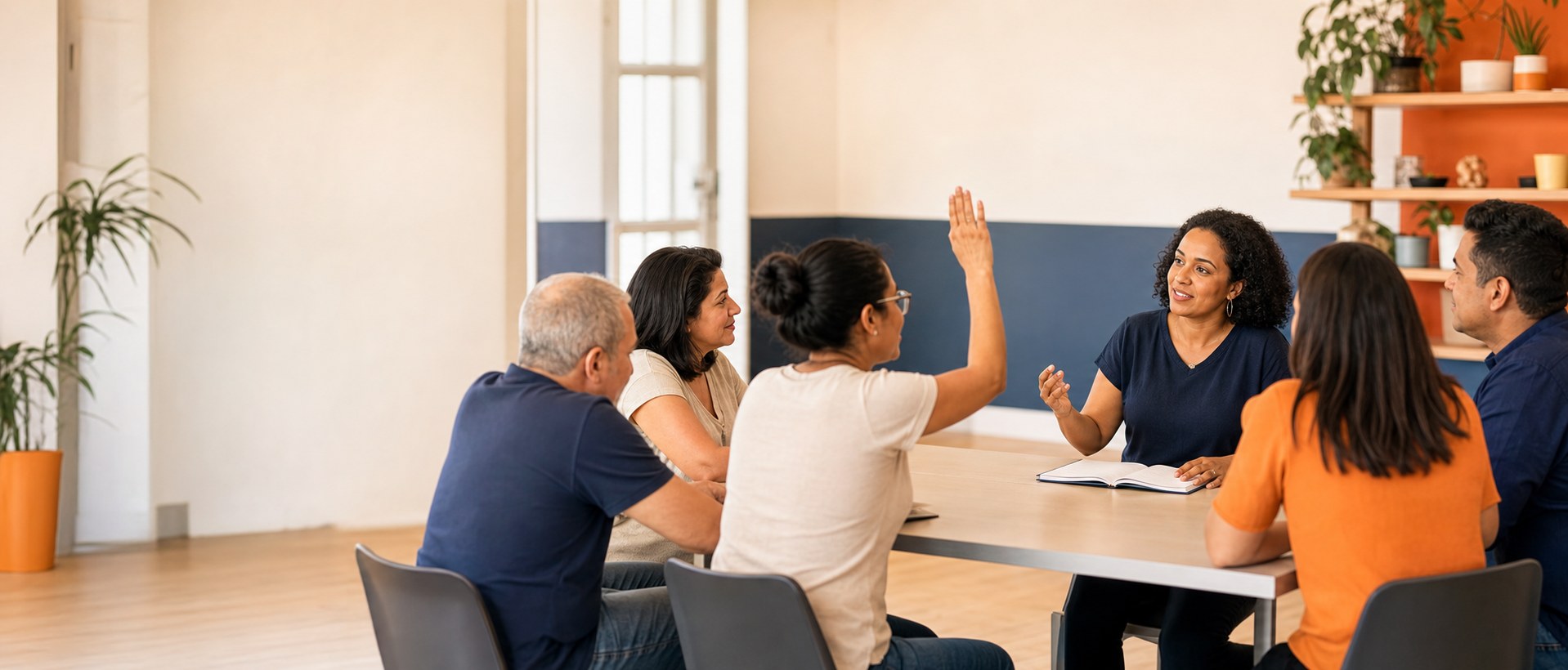Grupo de adultos em uma roda de orientação, com uma pessoa fazendo uma pergunta